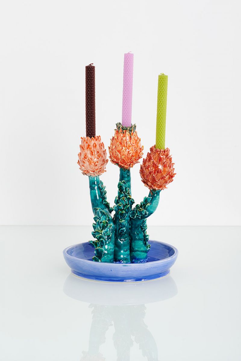 Artichoke Candleholder (three heads cobalt, green and pink ) Lola Montes  pic-3