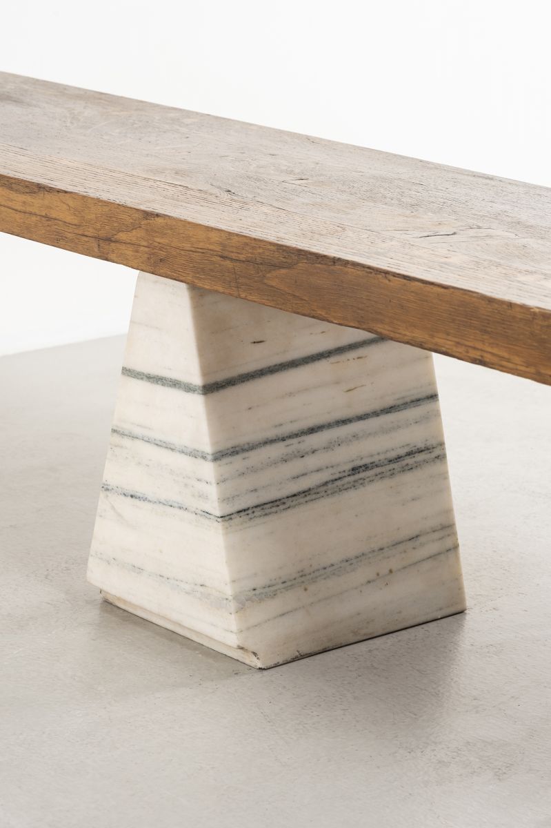 Oak wood bench with two supports in white veined Ornavasso marb e Carlo Mollino pic-5
